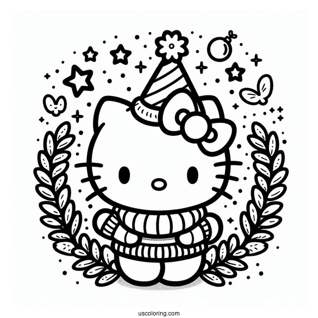 Kawaii Hello Kitty With Party Hat On New Year Coloring Page