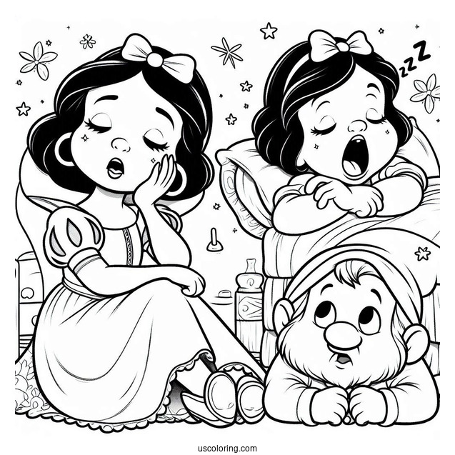 Snow White Coloring Pages Of Sleep Dwarf Yawning For Preschoolers