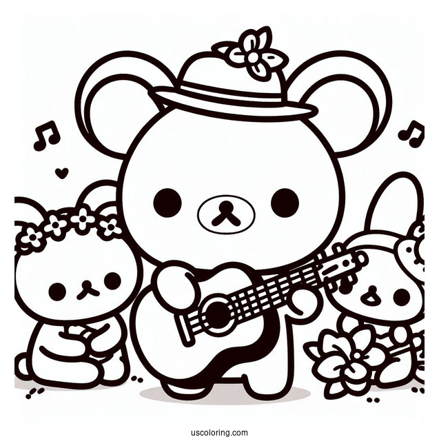 Rilakkuma Coloring Page Playing Guitar While Korilakkuma And Kiiroitori Listen For Kids