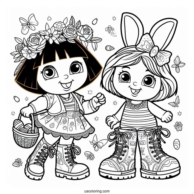 Boots And Dora Dressed Up For Easter To Color