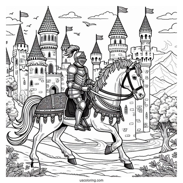 Knight On A Horse Riding To A Castle Coloring Page