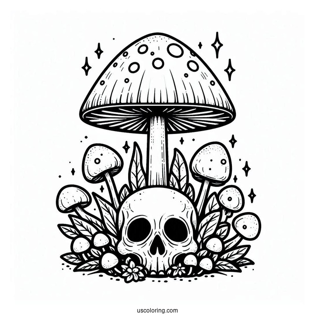 Mushroom Coloring Page Growing Around A Skull