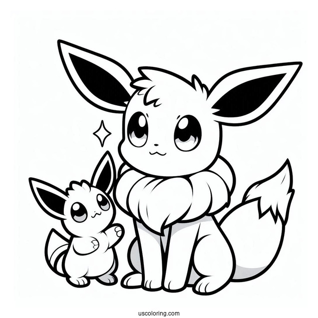 Coloring Page Of Little Eevee Playing With Gengar
