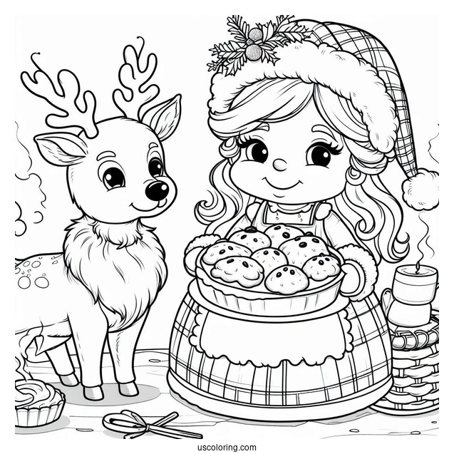 Mrs Claus With Baked Cookes And Rudolph To Color