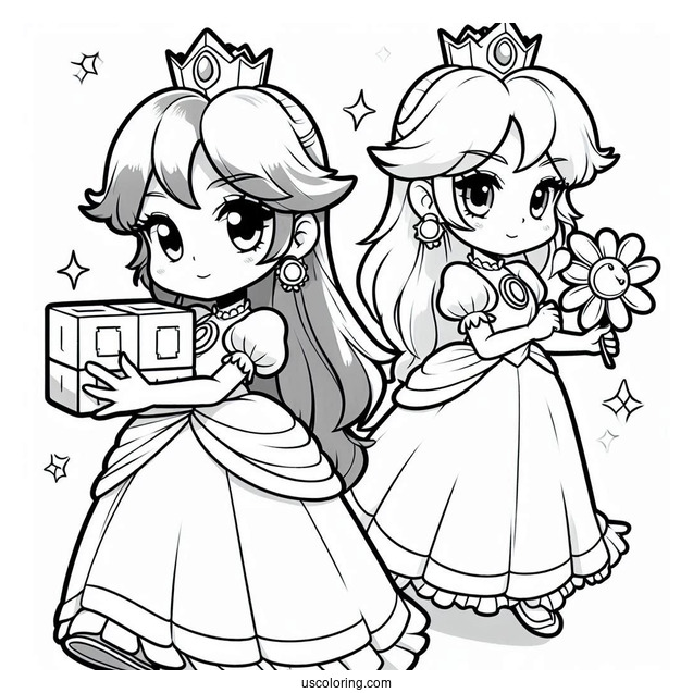 Princess Peach And Princess Daisy Coloring Page Carrying Block