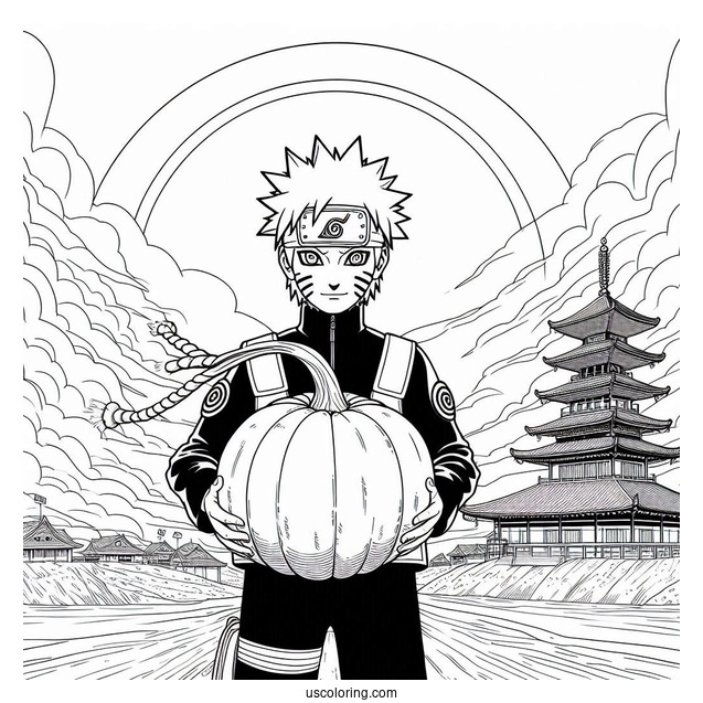 Naruto Coloring Page Of Gaara with Gourd in Front of Sun and Temples
