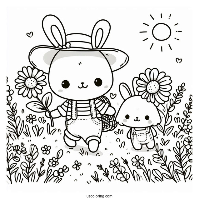 Cute Coloring Page Rabbit Hiking On A Flower Field