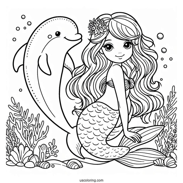 Mermaid And Dolphin Coloring Page