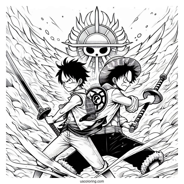 Luffy Coloring Page Fighting Back-To-Back With Ace