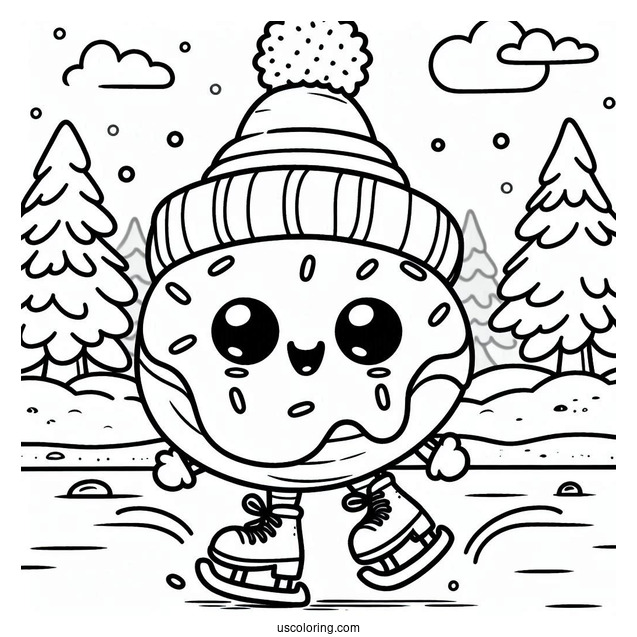 Excited Donut Coloring Page Ice Skating In Winter