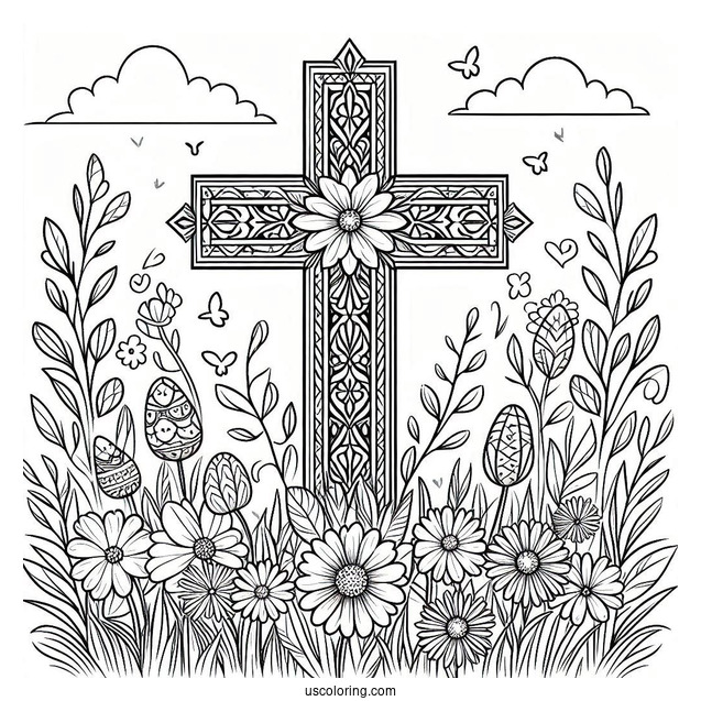 Easter Coloring Page Of Easter Cross With Flowers In A Field