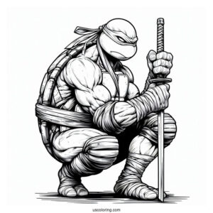 Ninja Turtles Coloring Page Of Leonardo Kneeling On Ground While Holding Katana