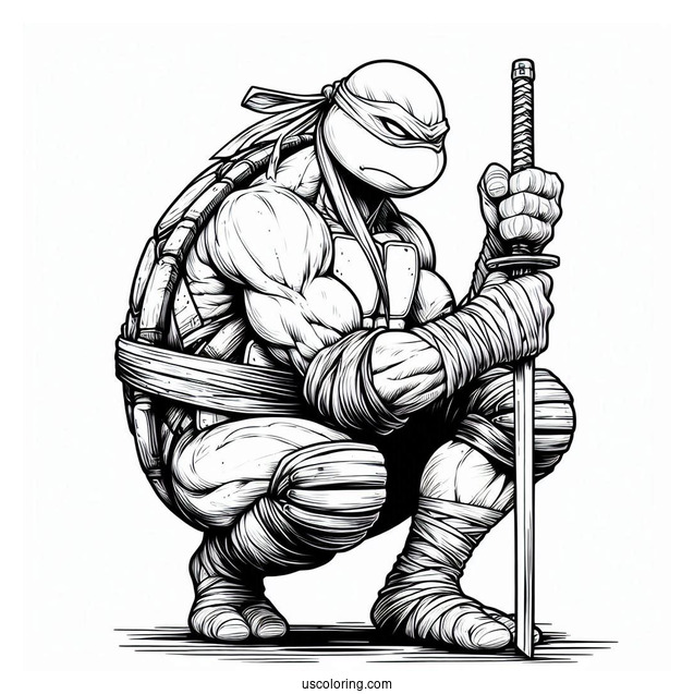 Ninja Turtles Coloring Page Of Leonardo Kneeling On Ground While Holding Katana