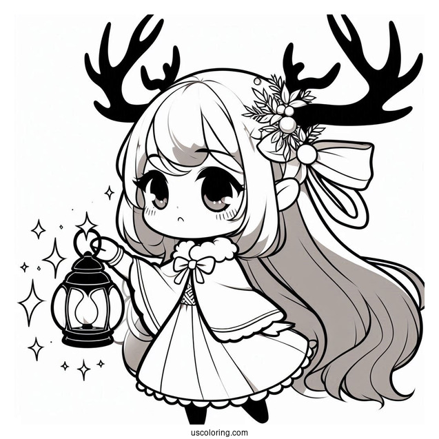 Chibi Girl With Large Antlers Holding A Lamp