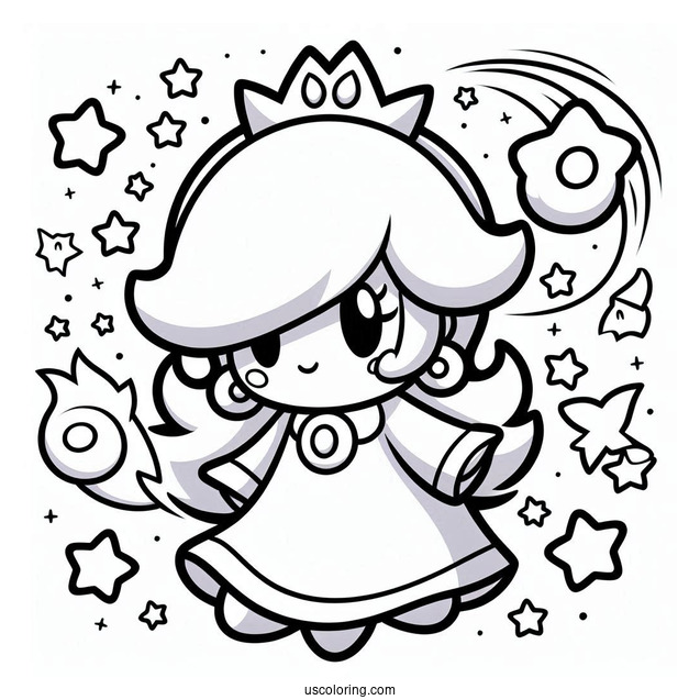Easy Rosalina Coloring Page With Luma And Stars In Background