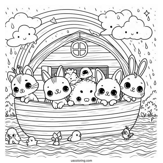 Kawaii Animals Looking Out Of Noah's Ark Coloring Page