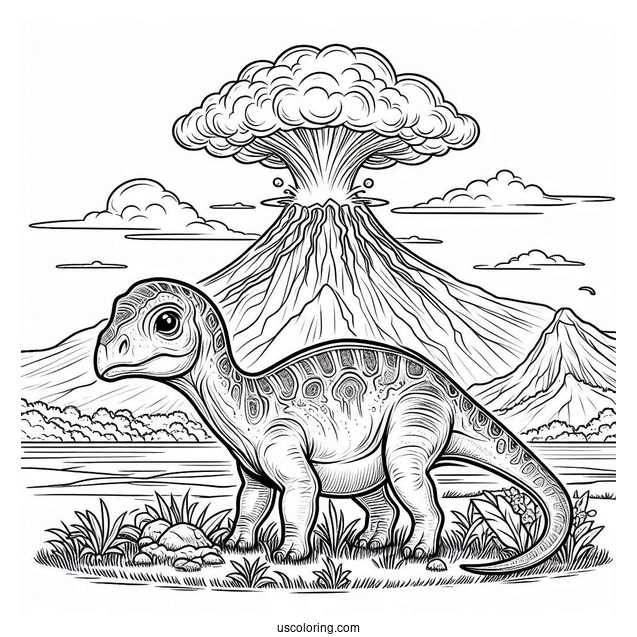 Parasaurolophus Coloring Page Standing In Front Of Volcano