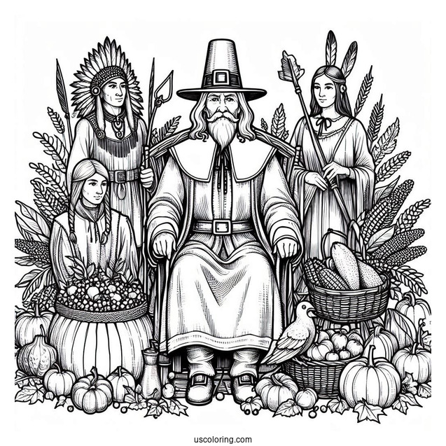 Pilgrim Coloring Page With Native Americans Surrounded By Harvest