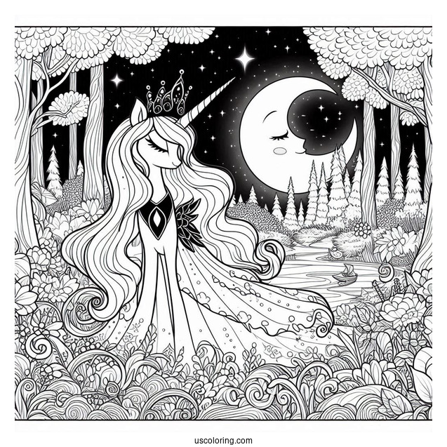 Princess Luna Coloring Page In The Forest At Night
