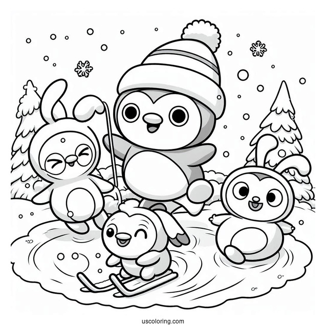 Pororo Coloring Page Of Eddy, Poby, Loopy, And Crong Playing In The Snow