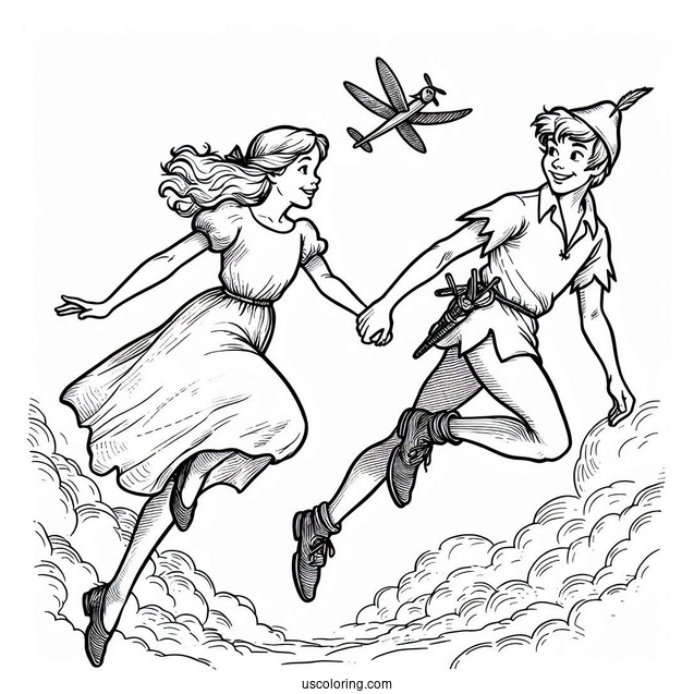 Peter Pan Taking Wendy To Neverland Coloring Sheet