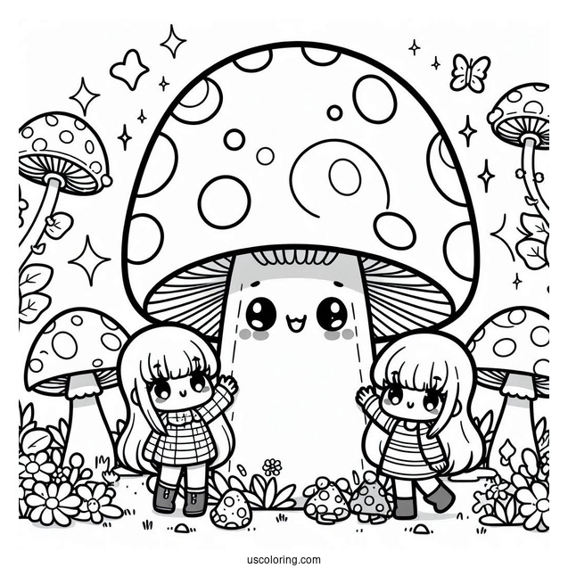 Kawaii Girls Playing With A Giant Mushroom Coloring Page