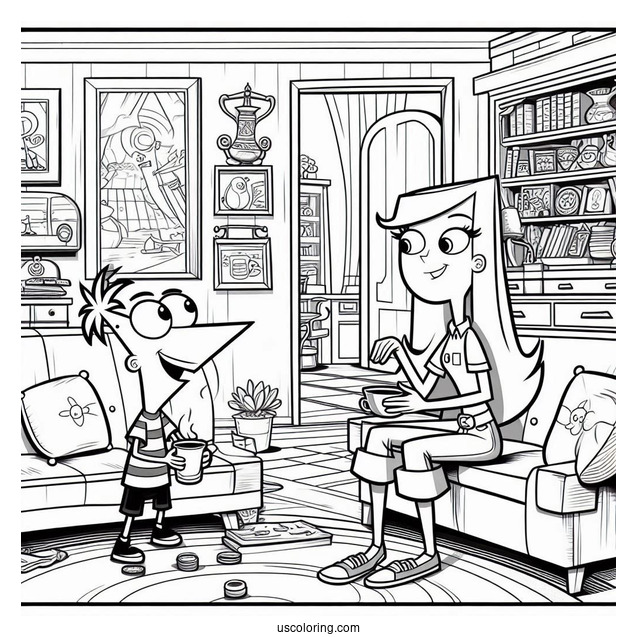 Phineas And Ferb Coloring Page And Candace Sitting In The Living Room
