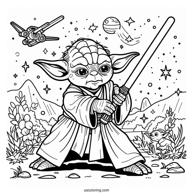 Yoda Fighting With Lightsaber Coloring In For Kids