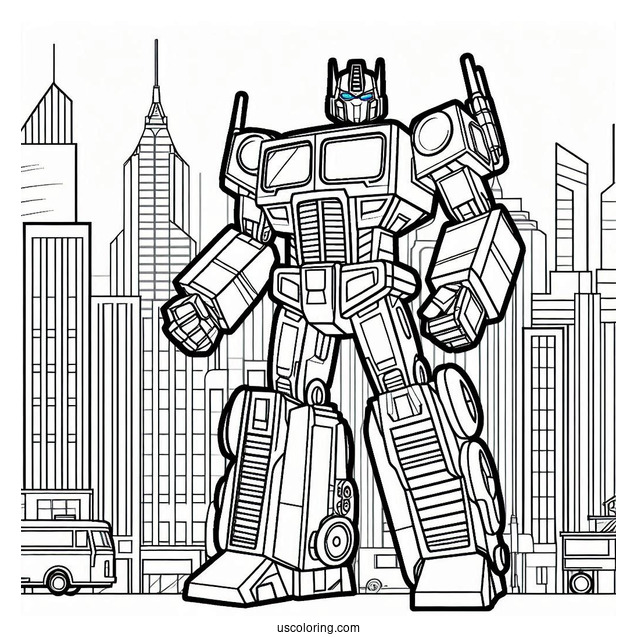Cartoon Optimus Prime Coloring Page In The City