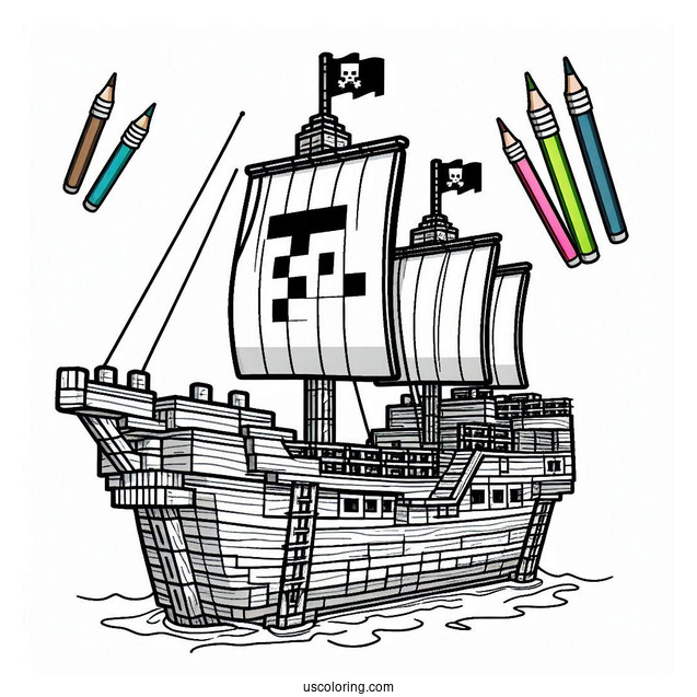 Fun Minecraft Pirate Ship Coloring Page For Kids