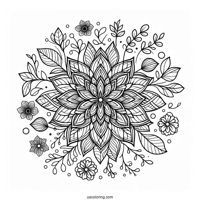 Detailed Flower Mandala With Loose Petals And Leaves Coloring Page