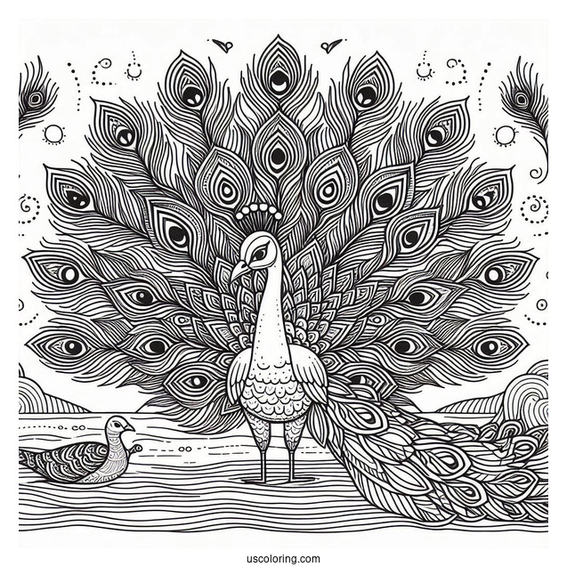 Peacock Coloring Page with Fanned Feathers by Mountain Pond