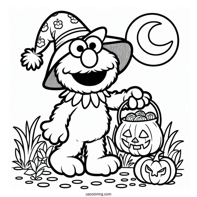 Elmo Trick-Or-Treating With Pumpkin To Color