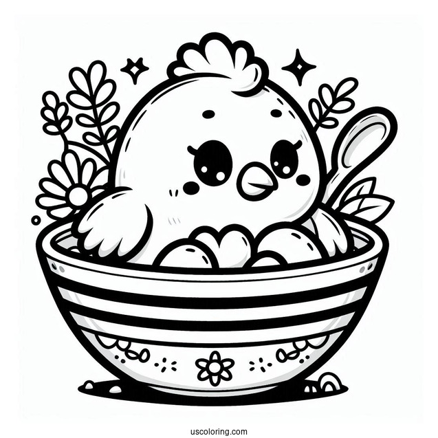 Cute Kawaii Chicken In Bowl To Color