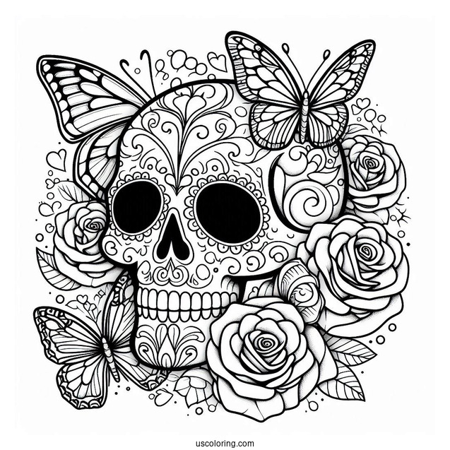 Angled View Of Sugar Skull Coloring Page With Butterflies And Plenty Of Roses