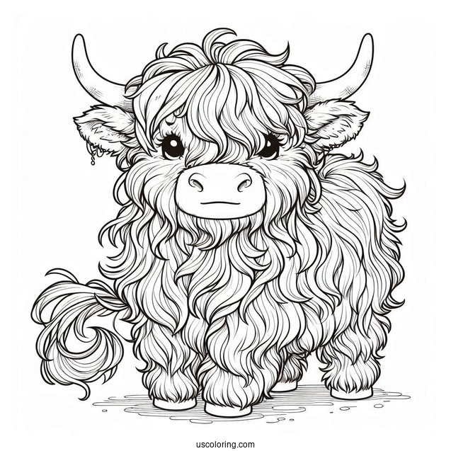 Fluffy Highland Cow Coloring Sheet For Kids