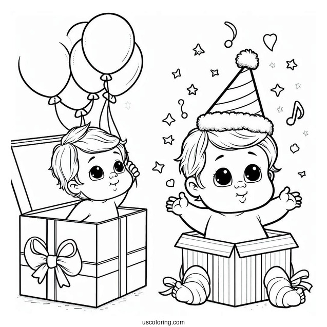 Baby Coloring Page Of Boy Coming Out Of Gift Box
