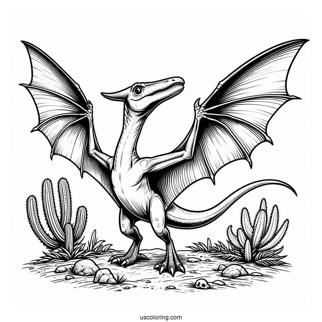 Scary Pterodactyl Coloring Page Standing On The Ground And Spreading Wings