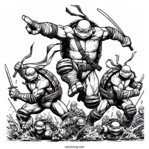 Ninja Turtles Coloring Page Of Raphael, Donatello, Michelangelo, And Leonardo Charging At Enemy