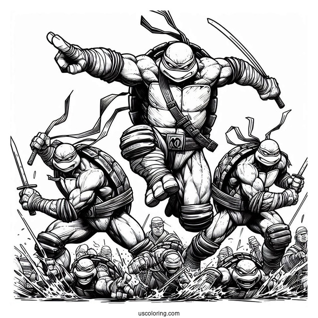 Ninja Turtles Coloring Page Of Raphael, Donatello, Michelangelo, And Leonardo Charging At Enemy