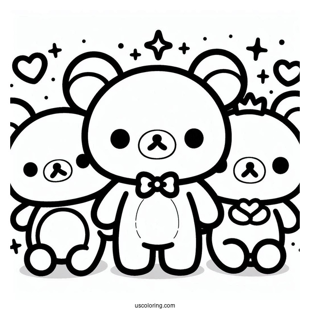 Simple Rilakkuma Coloring Page Outline With Kiiroitori, Korilakkuma, And Chairoikoguma For Preschoolers