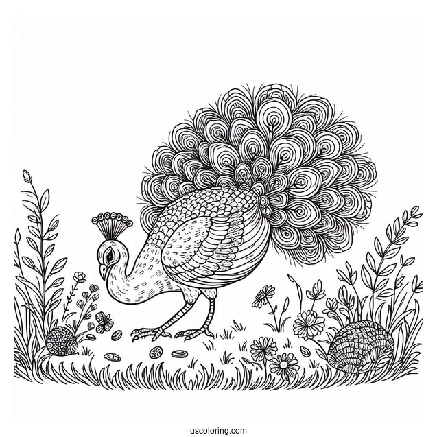 Peacock Finding Food In Meadow