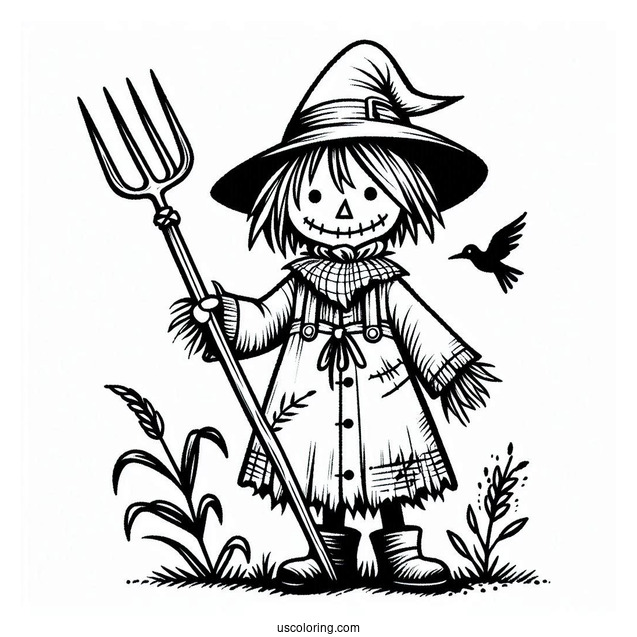 Halloween Scarecrow Coloring Page Holding A Digging Fork