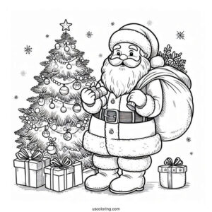 Santa Holding Sack Of Presents Next To Christmas Tree