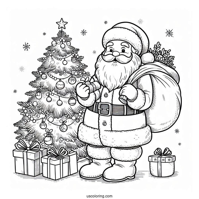 Santa Holding Sack Of Presents Next To Christmas Tree