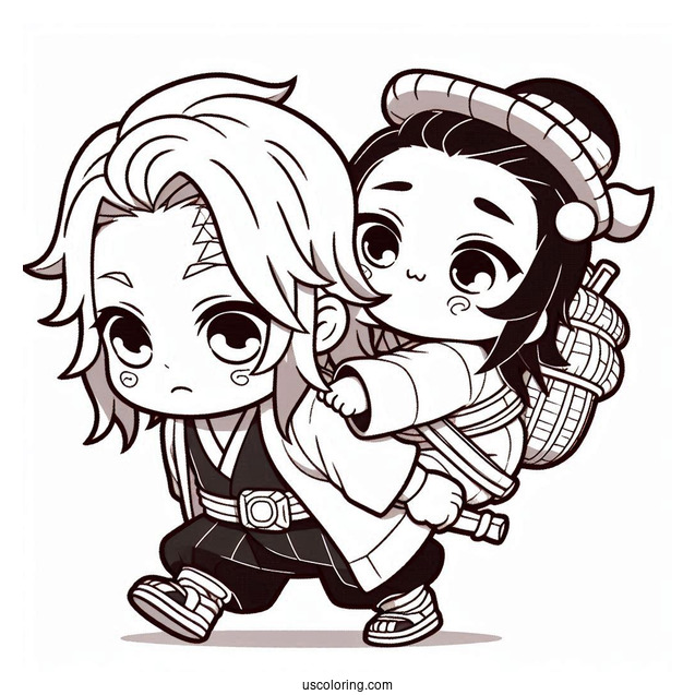 Chibi Tanjiro Coloring Page Carrying Nezuko On His Back For Preschoolers