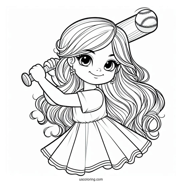 Girl With Long Hair Swinging Baseball Coloring Page Bat For Preschoolers