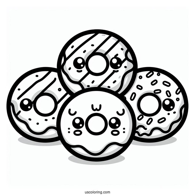 Three Kawaii Mini Donut Coloring Page For Kids