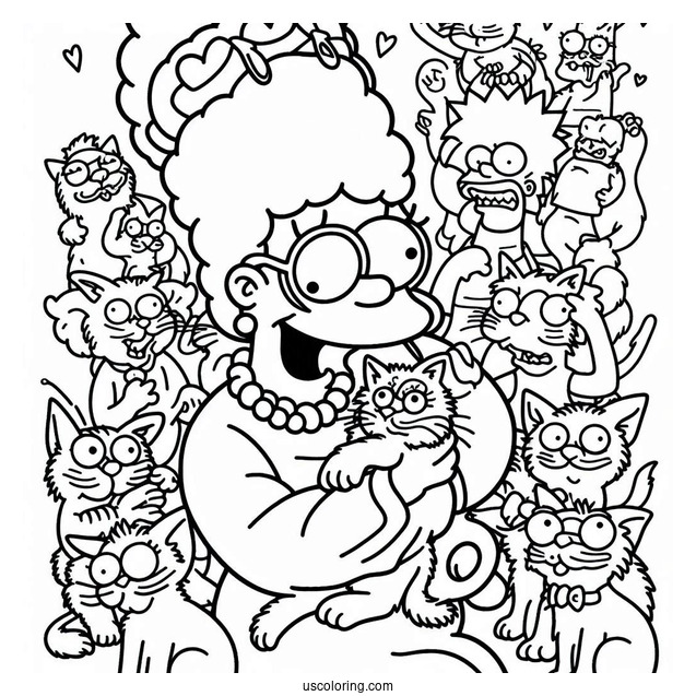Simpsons Coloring Pages Of Crazy Cat Lady With Her Kittens