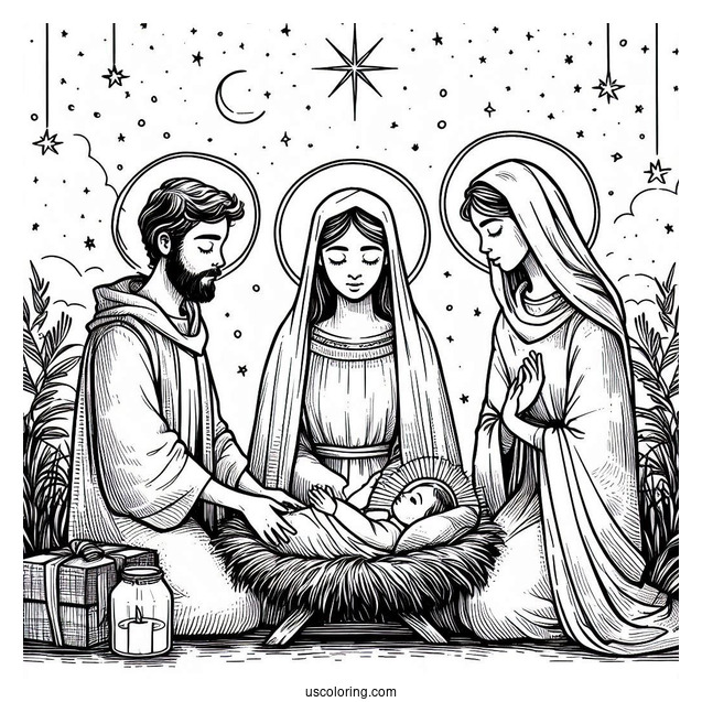 Nativity Coloring Page Of Joseph, Mary, And Jesus With Haloes